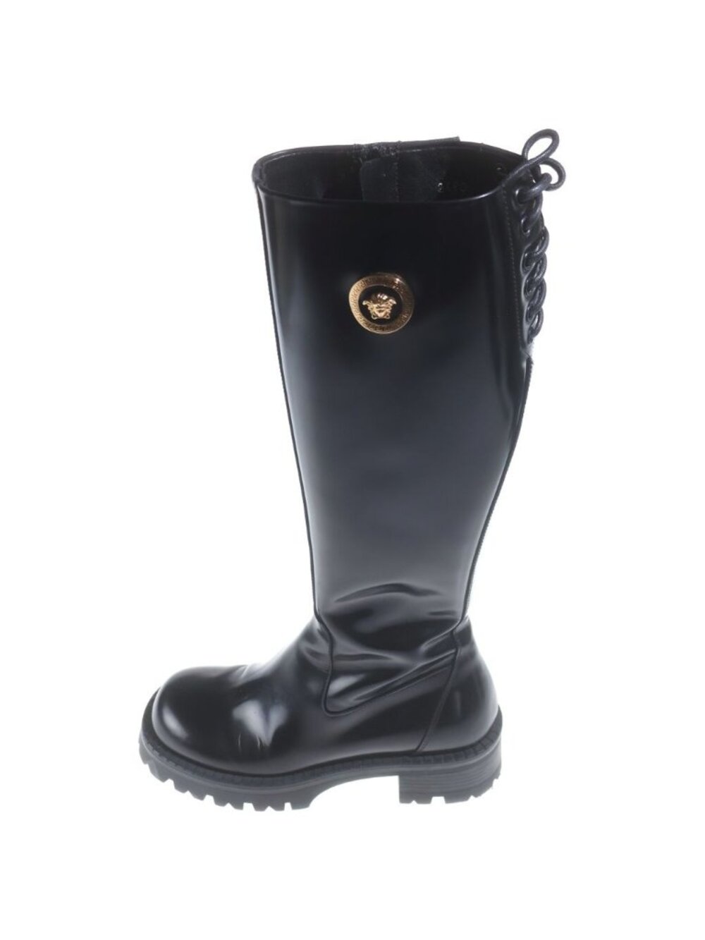 Versace Medusa Side Zipper Lace Up Long Boots Black